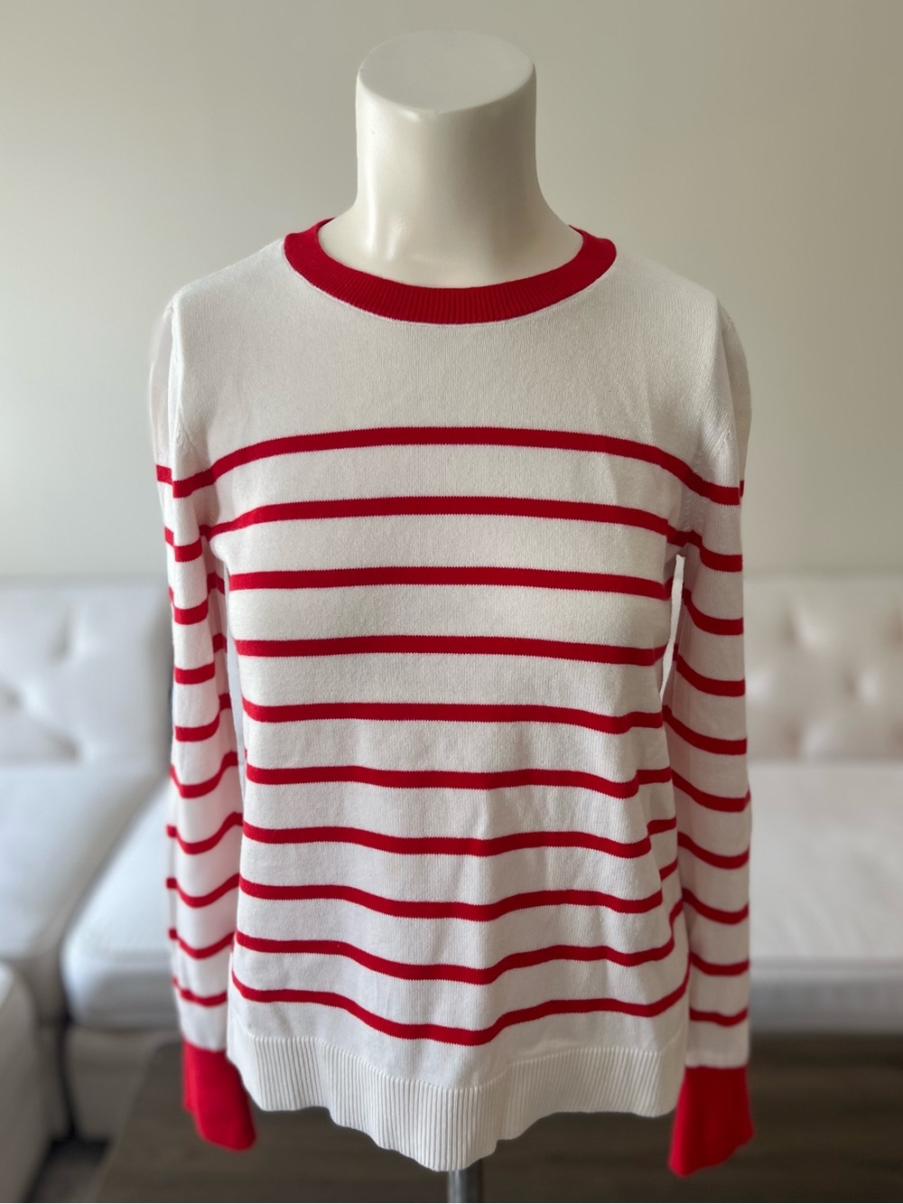 LOFT Lightweight Striped Sweater White Red Crew Neck Button Sleeve EUC